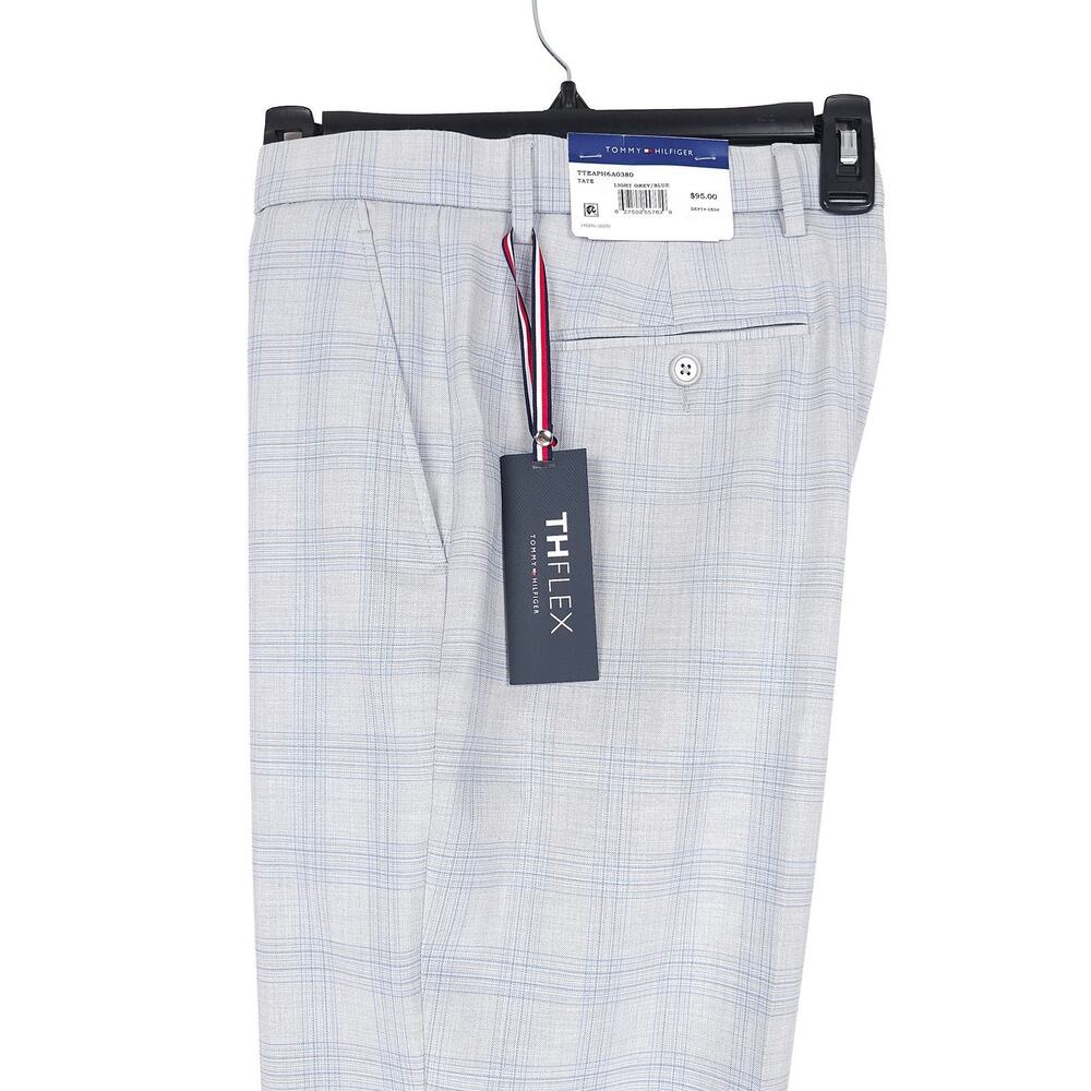 Tommy Hilfiger Mens Modern Fit Dress Pants 32x34 Light Grey Blue Plaid Stretch